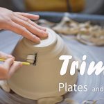 Trim and decorate clay plates and bowls on the pottery wheel, full record, satisfying ASMR