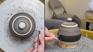 643. Chattering/Sgraffito Decorating a Lidded/Covered Jar with Hsin-Chuen Lin 林新春 蓋罐化妝土跳刀雕紋示範