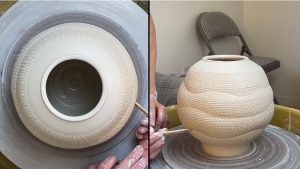 618. Altering a Sodium Silicate Texture Covered Jar with Hsin-Chuen Lin 林新春 岩花瓷蓋罐拉坯變形示範