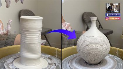 615.Turning a Twisted Cylender into a Sodium Silicate Texture Thin-necked Bottle 林新春 岩花瓷細頸瓶拉坯示範