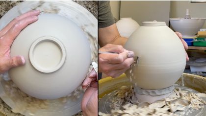 606. Trimming 3 Moon Jar Bottles on a Chuck with Hsin-Chuen Lin 林新春 天球瓶修坯示範