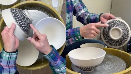 582. Sgraffito/Chattering Designed 3 Bowls with Hsin-Chuen Lin 林新春 三個碗跳刀雕紋示範